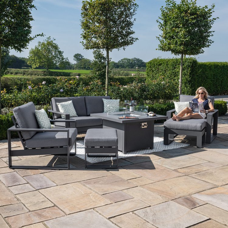 Maze Aluminium Amalfi 2 Seat Sofa Dining Set with Square Fire Pit Table- Grey